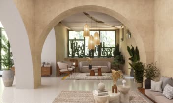 طراحی، مدلسازی و رندر از فضای لابی و حیاط ساختمان مسکونی - سبک مدرن/برگرفته از المان‌های مراکشی