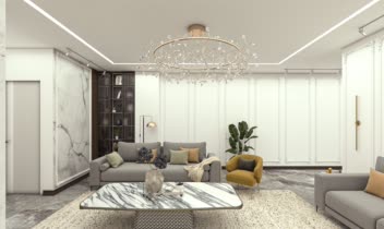 طراحی و رندر فضای نشیمن و TV wall به سبک نئوکلاسیک