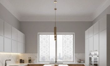 طراحی سه‌بعدی کابینت آشپزخانه مدرن مینیمال با متریال لوکس و نورپردازی مخفی