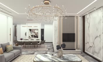 طراحی و رندر فضای نشیمن و TV wall به سبک نئوکلاسیک