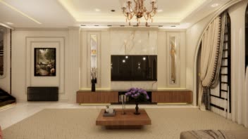 نمونه طراحی تی وی وال و پذیرایی به سبک نئوکلاسیک