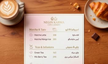 طراحی منوی کافه بیکری نگین کارما