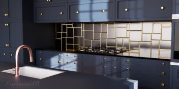 طراحی سه‌بعدی آشپزخانه مدرن با کابینت‌های تیره و فضایی لوکس