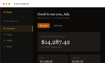 Zarrin  . A modern, full-stack gold trading platform. Buy, hold, and sell physical 18-karat gold with real-time pricing, instant settlement, and a beautifully crafted UI.