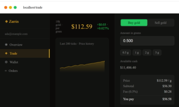 Zarrin  . A modern, full-stack gold trading platform. Buy, hold, and sell physical 18-karat gold with real-time pricing, instant settlement, and a beautifully crafted UI.