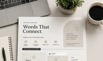 freelance content writer, social media post design on a desk with ption area, hashtags area) but mostly graphical placeholders, professional portfolio presentation style, soft lighting, top view (GPT-IMAGE-1.5)