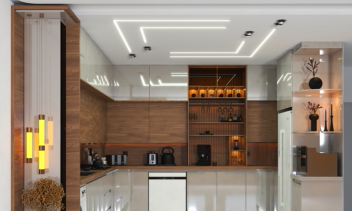 طراحی آشپزخانه و کافی‌بار مدرن با چوب و بژ