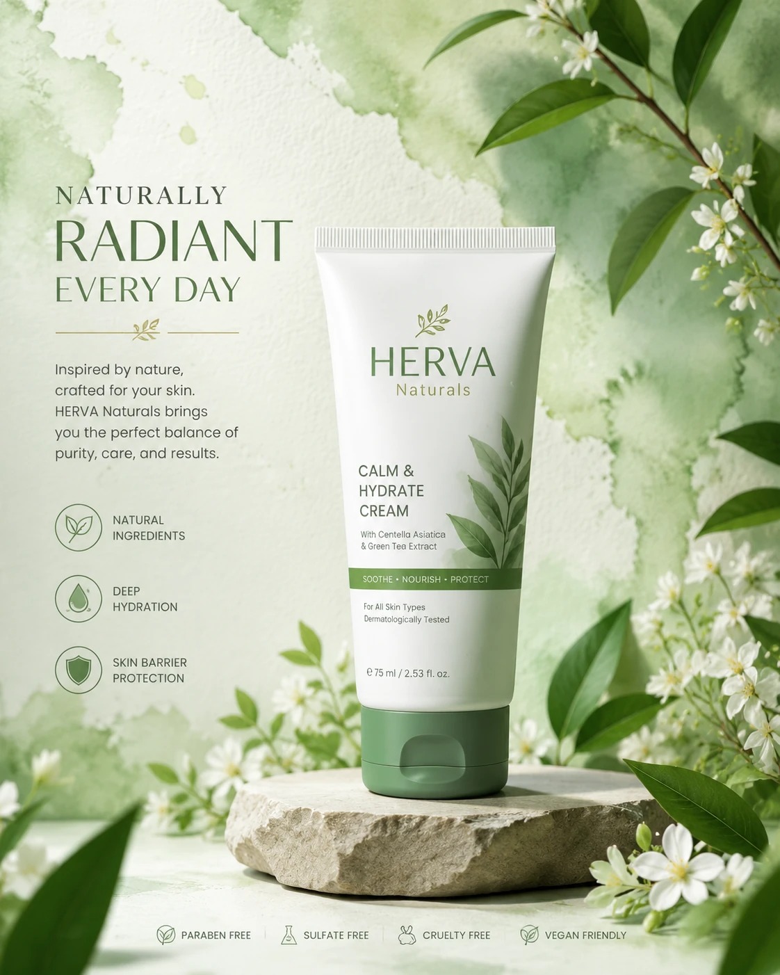 طراحی پوستر محصول مراقبت پوست با هویت بصری طبیعی و پریمیوم