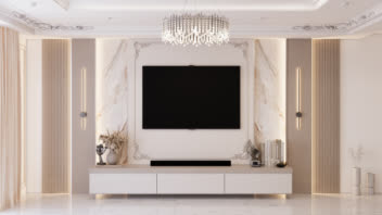 طراحی داخلی فضای پذیرایی و تی وی وال(TV Wall)به سبک مدرن و نئوکلاسیک