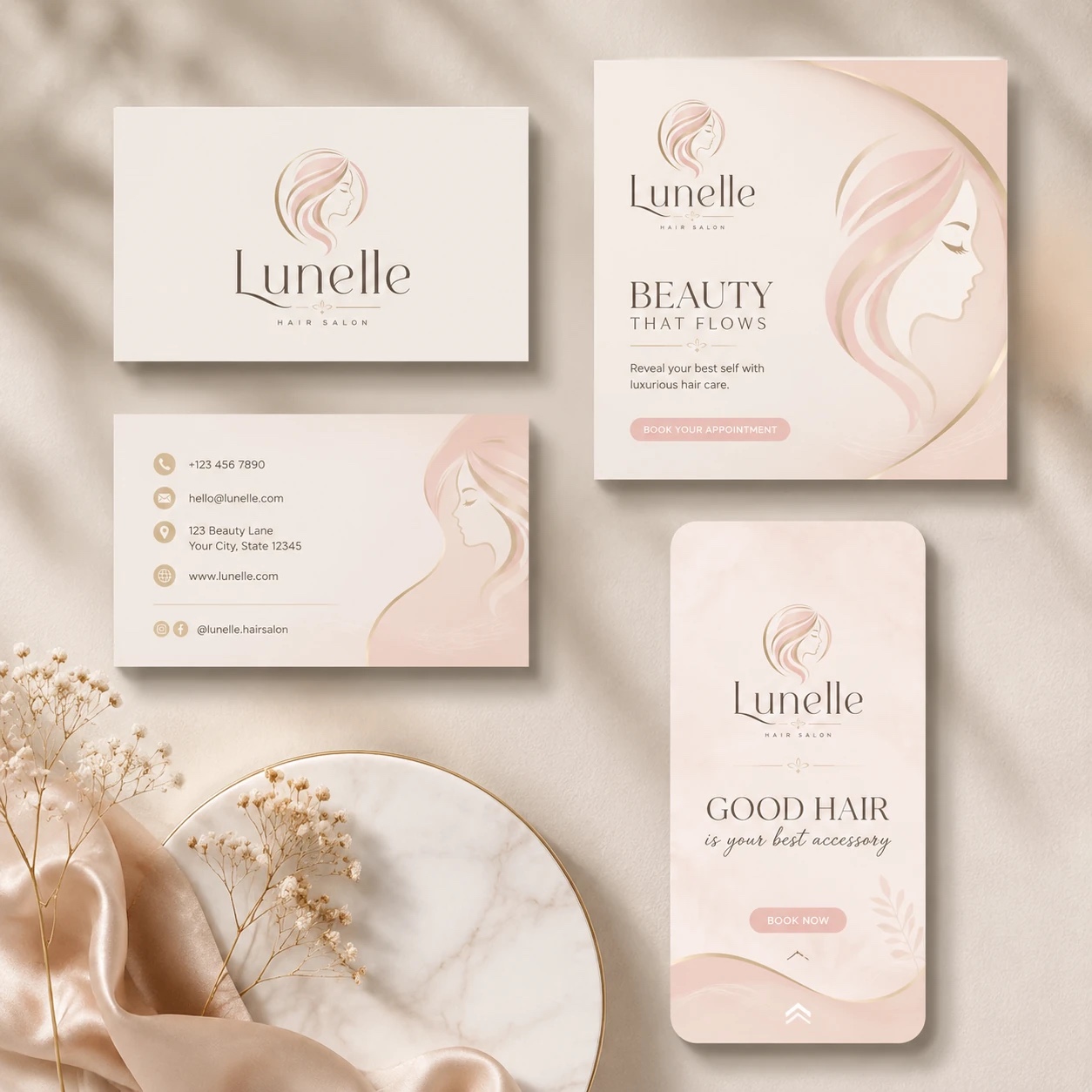 طراحی هویت بصری کامل و لوگو برای سالن زیبایی لونل (Lunelle)