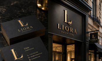 طراحی لوگو و کارت ویزیت LIORA با رنگ سفارشی مشکی طلایی