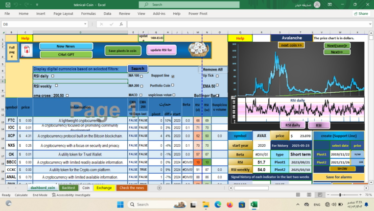 Excel crypto technicals & backtesting & profile allarm with update price history