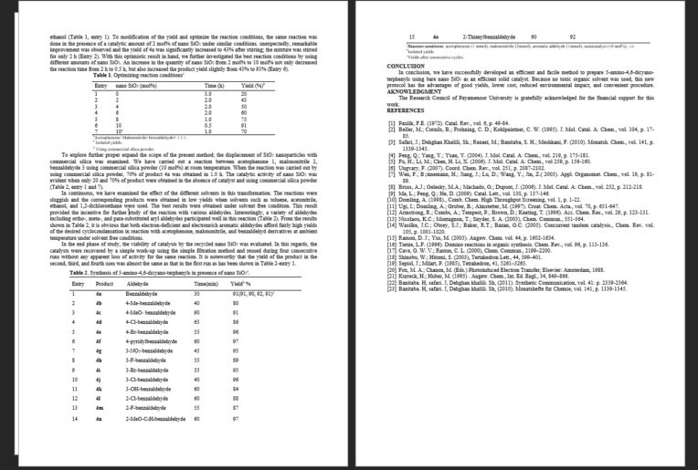 مقاله : Domino synthesis of 5-amino-4,6-dicyano-terphenyl derivatives over SiO2 nanoparticles under solvent-free conditions