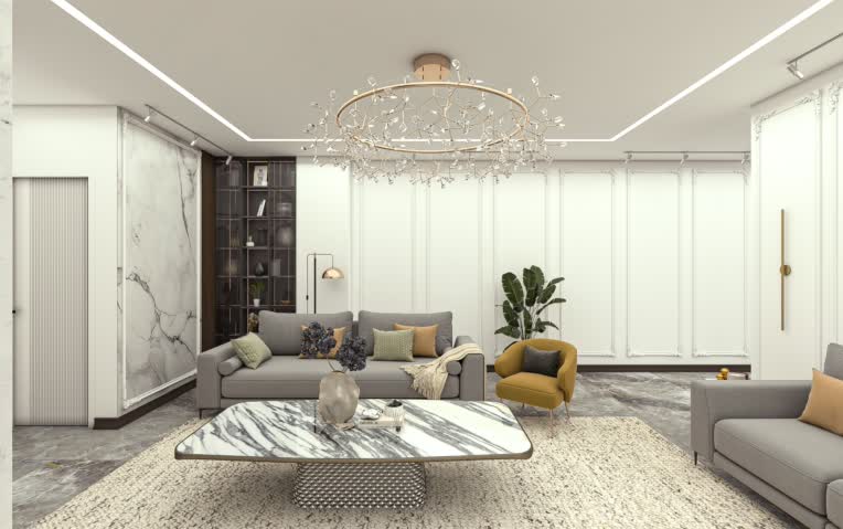 طراحی و رندر فضای نشیمن و TV wall به سبک نئوکلاسیک