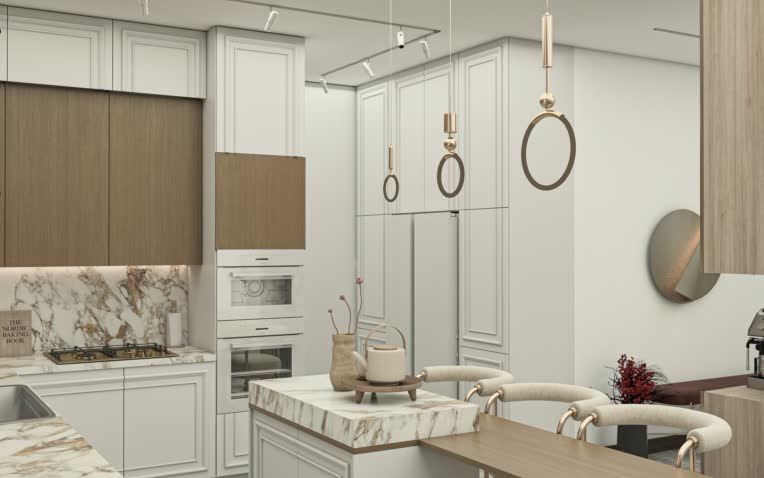طراحی و رندر آشپزخانه به سبک نئوکلاسیک