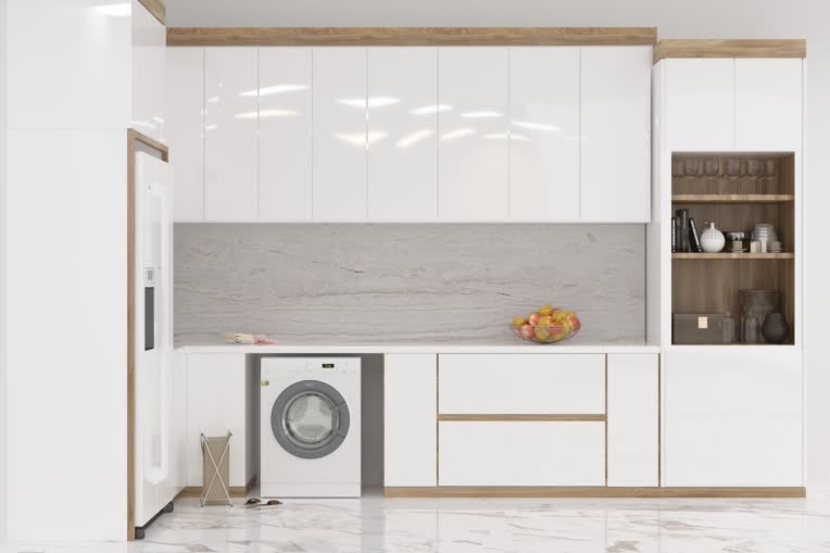 طراحی کابینت آشچزخانه که به طورت L اجرا شده است