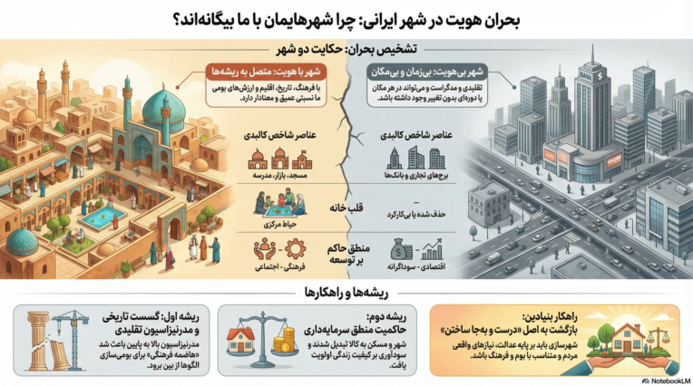 اینفوگرافیک تحلیلی — بحران هویت در شهر ایرانی: چرا شهرهایمان با ما بیگانه‌اند؟