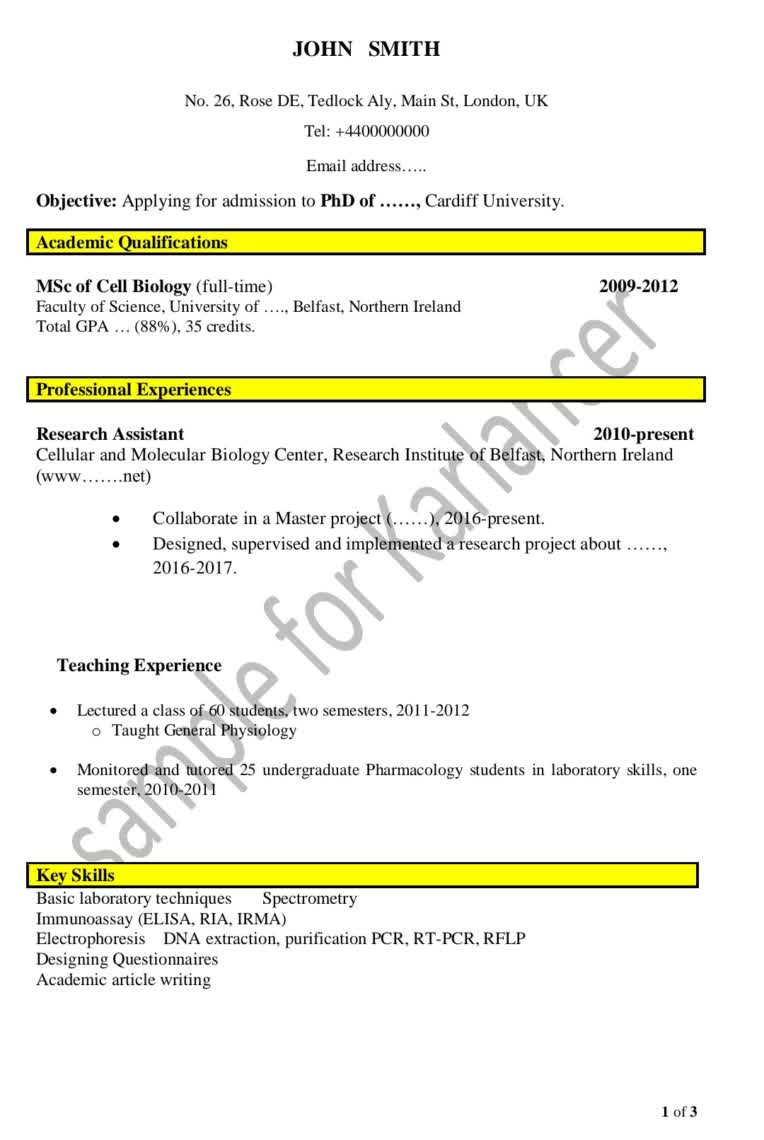 رزومه انگلیسی جهت پذیرش دوره PhD