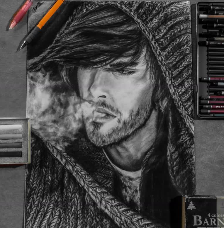 نقاشی با سیاه قلم و کنته روی کاغذ اشتنباخ