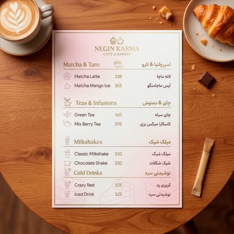 طراحی منوی کافه بیکری نگین کارما