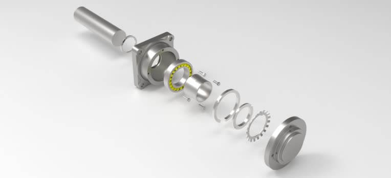 مدلسازی و مونتاژ مجموعه یاتاقان فلنج‌دار (Flange Bearing Housing Unit) به همراه نمای انفجاری