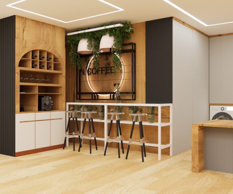 طراحی سه بعدی کابینت به همراه کافی بار