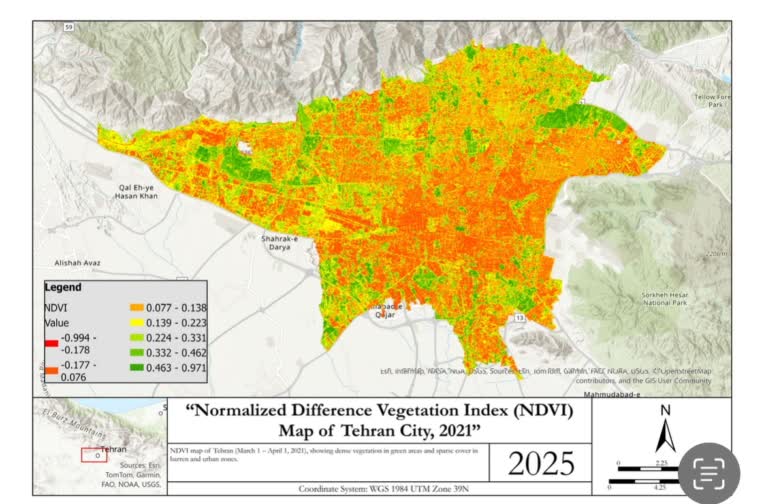 -نقشه پوشش گیاهی NDVI مازندران ٢٠٢٣-۲۰۲۴  و تحليل NDVI تهران -٢٠٢١