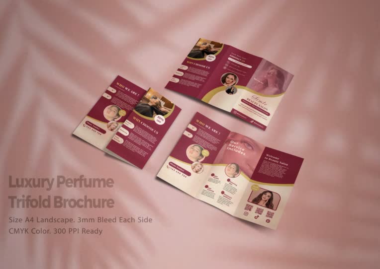 طراحی بروشور سه لتی(Trifold) لوکس و مدرن (مناسب سالن زیبایی، محصولات لوکس و برندینگ)
