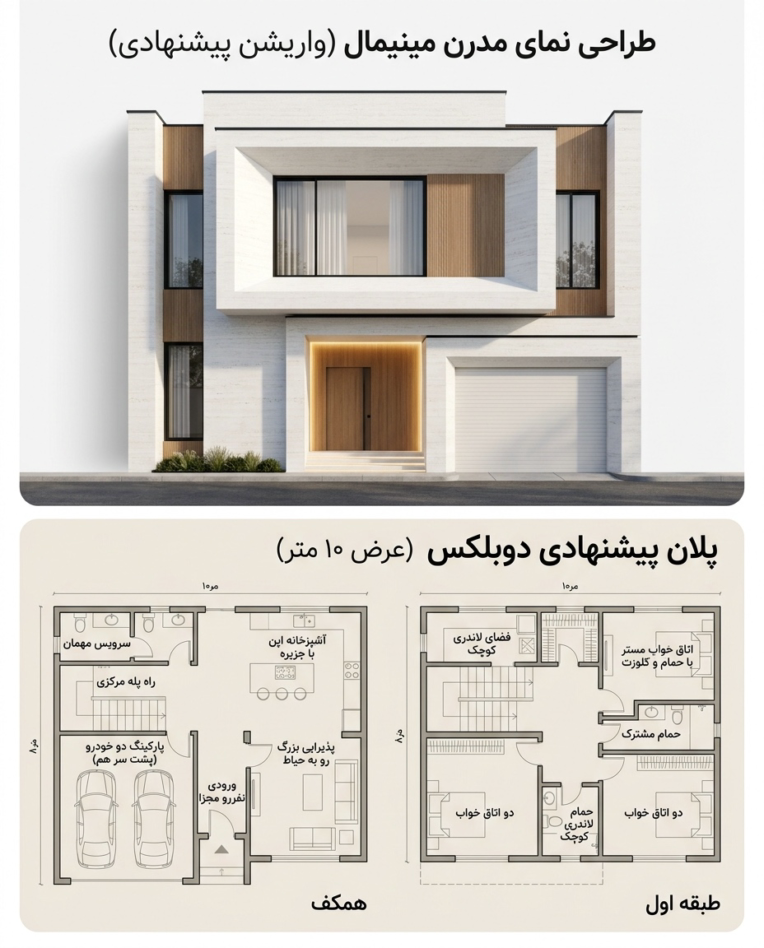 طراحی کامل ویلای دوبلکس با نمای مینیمال مدرن