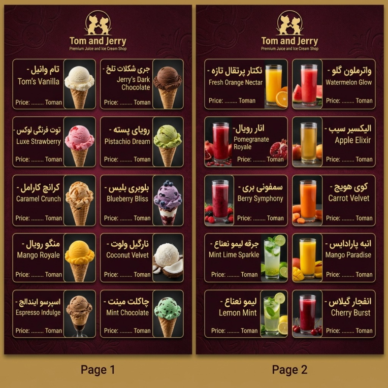 طراحی منوی دو صفحه ای  برای آبمیوه و بستنی