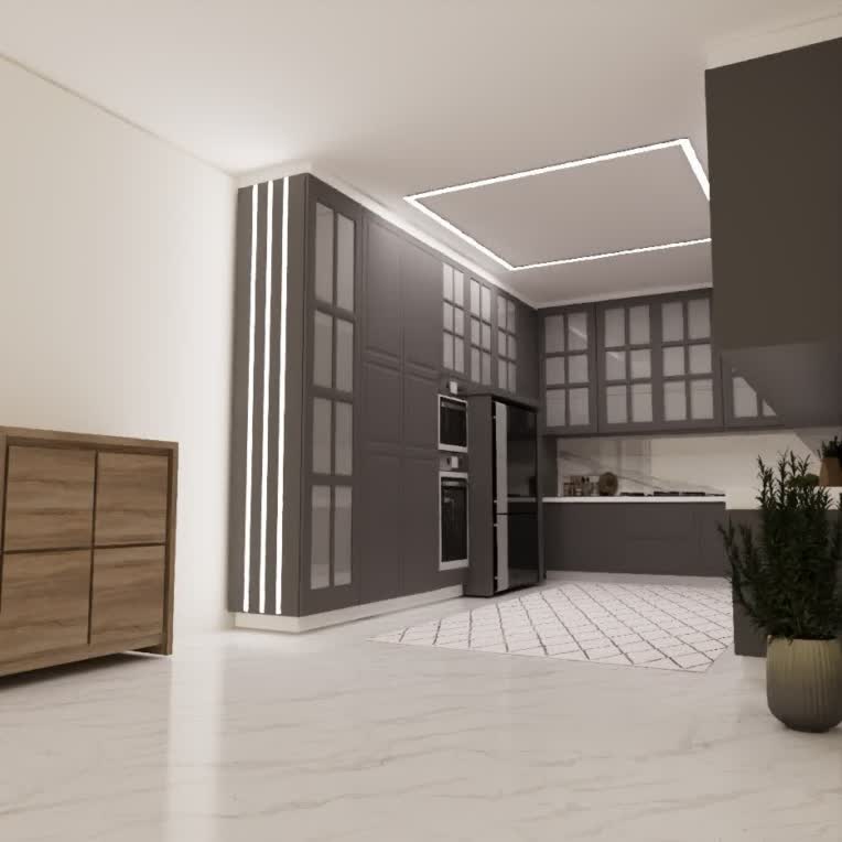 طراحی کابینت سبک نئوکلاسیک طوسی همراه نور پردازی