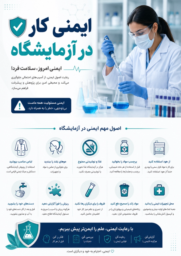 پوستر آموزشی و اطلاع‌رسانی درباره ایمنی کار در آزمایشگاه