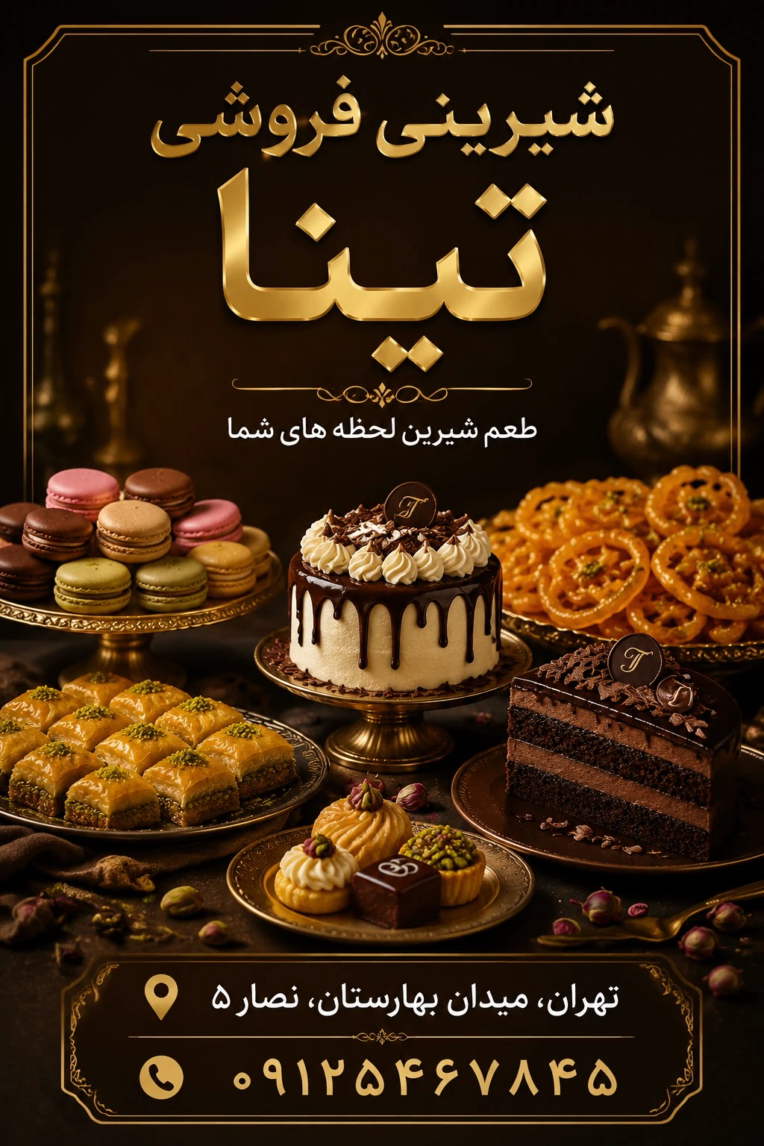 عنوان: طراحی پوستر تبلیغاتی حرفه‌ای برای شیرینی‌فروشی تینا