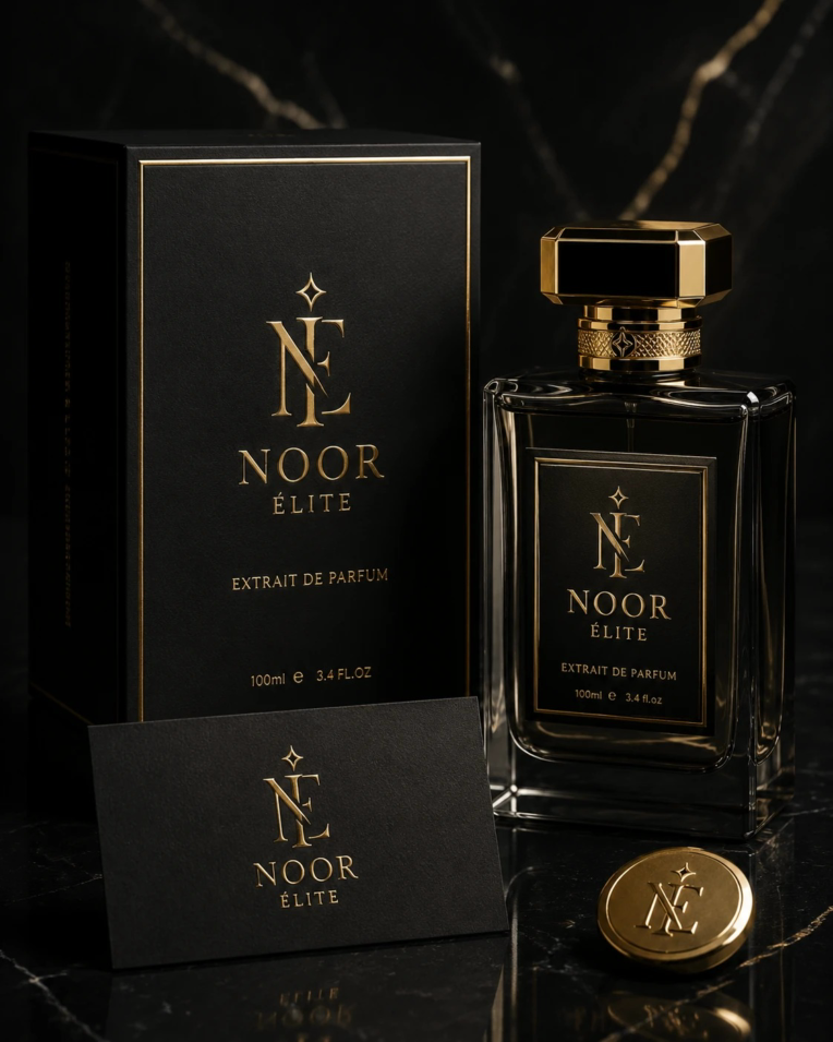 طراحی هویت بصری و ست برندینگ برای برند عطر NOOR ÉLITE