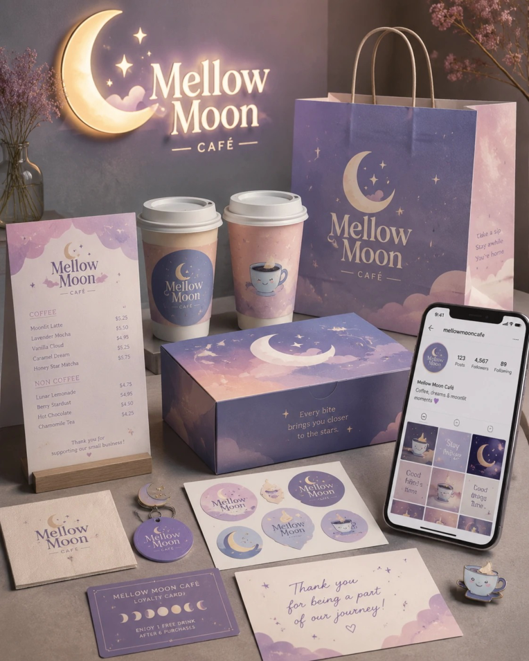 طراحی برندینگ و هویت بصری برای کافه Mellow Moon