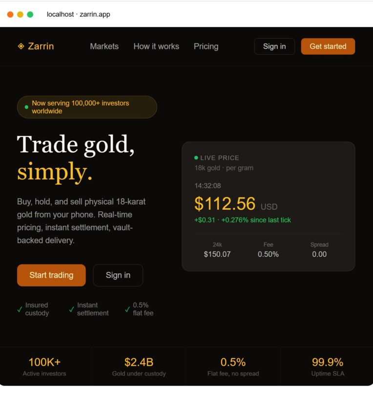 Zarrin  . A modern, full-stack gold trading platform. Buy, hold, and sell physical 18-karat gold with real-time pricing, instant settlement, and a beautifully crafted UI.