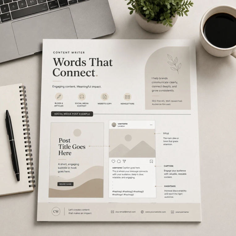 freelance content writer, social media post design on a desk with ption area, hashtags area) but mostly graphical placeholders, professional portfolio presentation style, soft lighting, top view (GPT-IMAGE-1.5)
