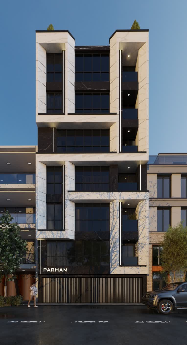 مدلسازی و رندرینگ نمای مدرن ساختمان پرهام