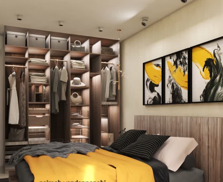 طراحی اتاق خواب مدرن با کلوزت‌روم (Closet) یکپارچه و بهینه