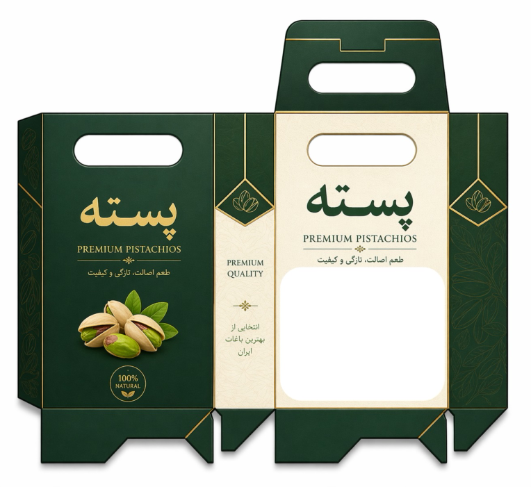 طراحی شیک و مدرن بسته‌بندی پسته مناسب فروشگاه های خشکبار حضوری و اینترنتی