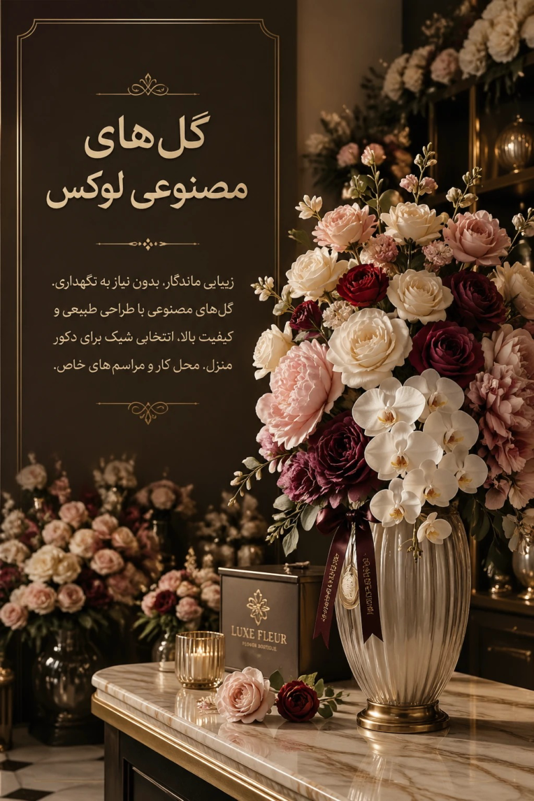 ۱_پوسترگلهای مصنوعی لوکس .۲-لوگوی طلایی آبمیوه