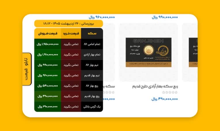 طراحی و توسعه ویجت المنتوری تابلو قیمت سکه گنجینه