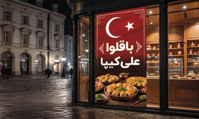 بنر مغازه باقلوا فروشی برای پشت ویترین