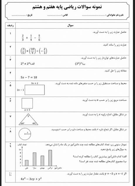 تایپ ریاضی شامل ۱۰ سؤال پایه هفتم و هشتم