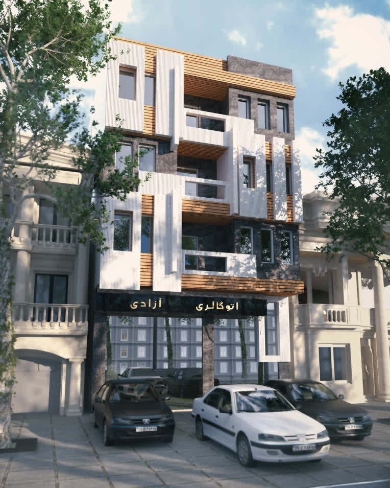 مدلسازی و رندرینگ نما مدرن آپارتمان مسکونی-تجاری