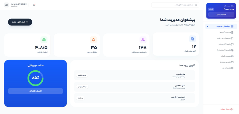 پنل کارفرما مناسب برای وبسایت های درج آگهی