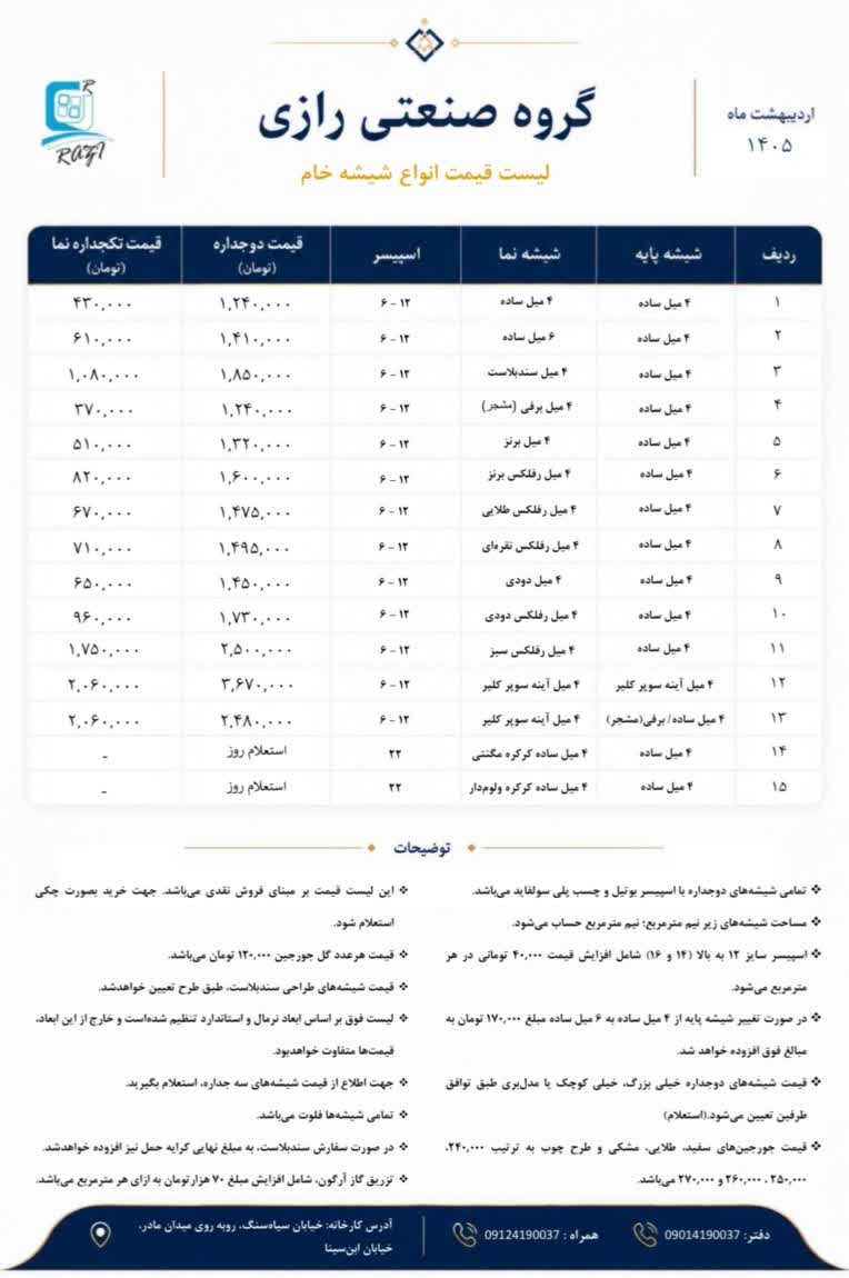 طراحی لیست قیمت انواع شیشه خام