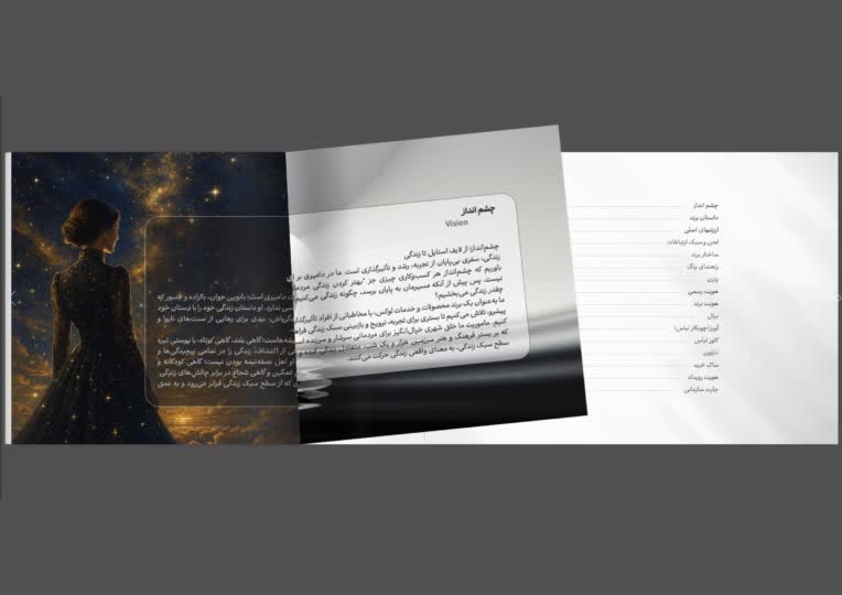 نمونه کار طراحی و اجرای برند بوک برند لباس مجلسی زنانه دامیری