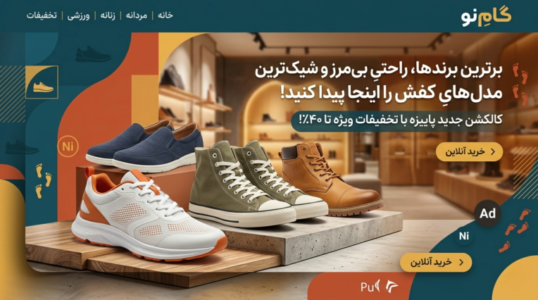 طراحی بنر سایت کفش با تناژ رنگی مناسب