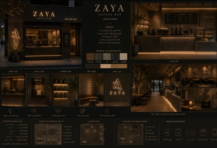 طراحی دکور و دیزاین کافه و متراژ و طراحی لوگو و تابلو